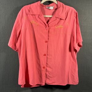 women silk linen top 16 XL pink embroidered coastal beach tropical vacation palm